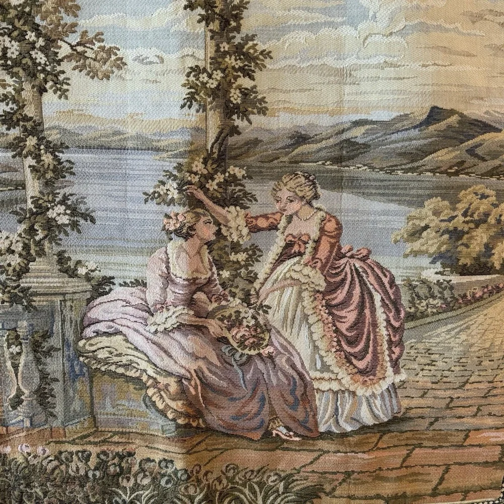 Vintage French Rococo Ladies Lake Como Woven Tapestry Wall‎ Hanging 33x32